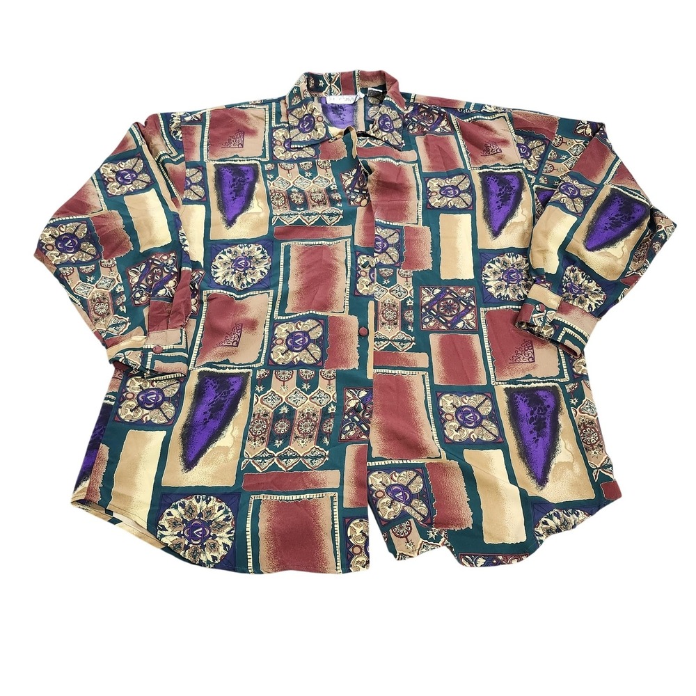 Le Caviar Shirt Mens Large Multicolor Geometric Retro Long Sleeve Made IKorea